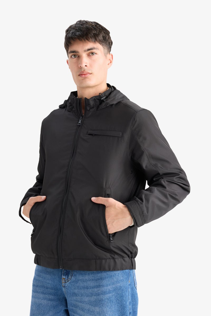 DeFacto Black Man Regular Fit Stand Collar Lined Hidden Hood Zippered Waterproof Jacket Casual - Image 4